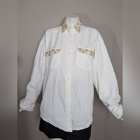 Vintage bedazzled button shirt, Pearls rhinestones studs, western style white co - Picture 5 of 10